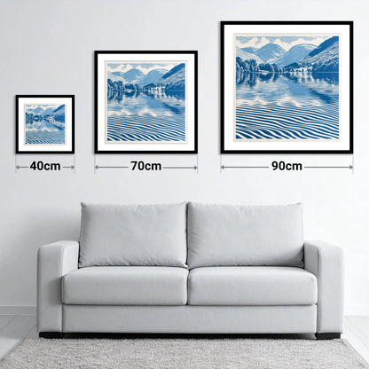 Cobalt Blue Lake Reflections - size guide showing 40cm, 70cm and 90cm art prints