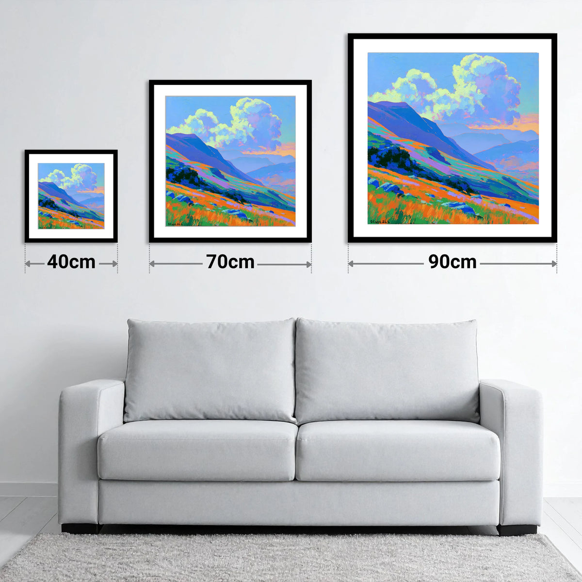 Vibrant Rolling Fells Under Cloud - size guide showing 40cm, 70cm and 90cm art prints
