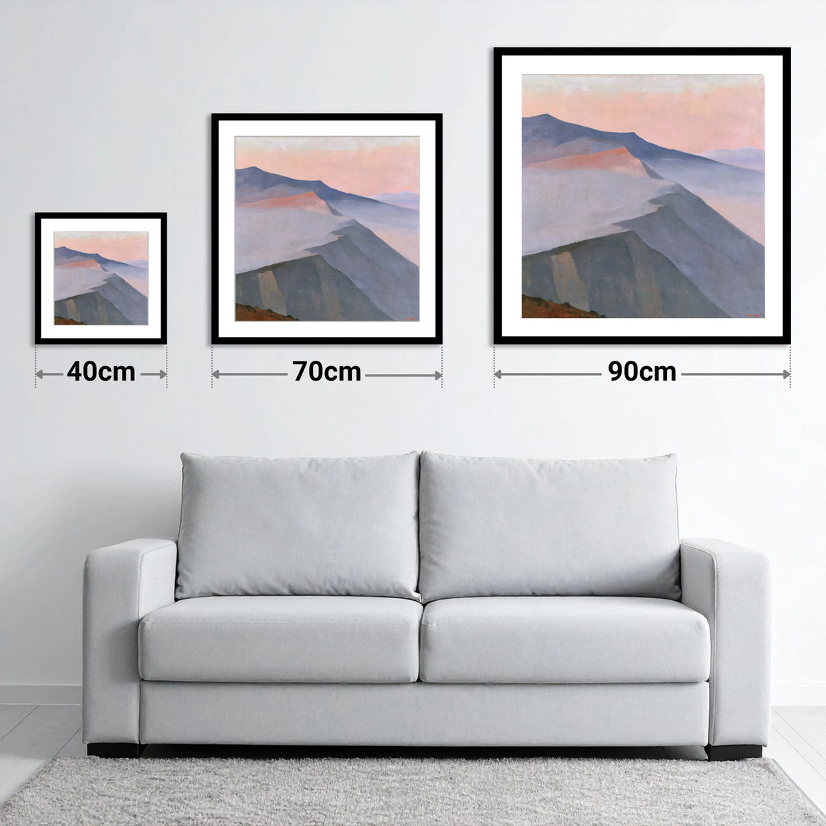 Pastel Mountain Ridge in Mist - size guide showing 40cm, 70cm and 90cm art prints