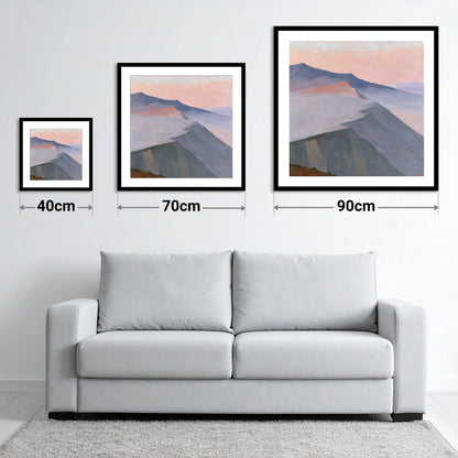 Pastel Mountain Ridge in Mist - size guide showing 40cm, 70cm and 90cm art prints