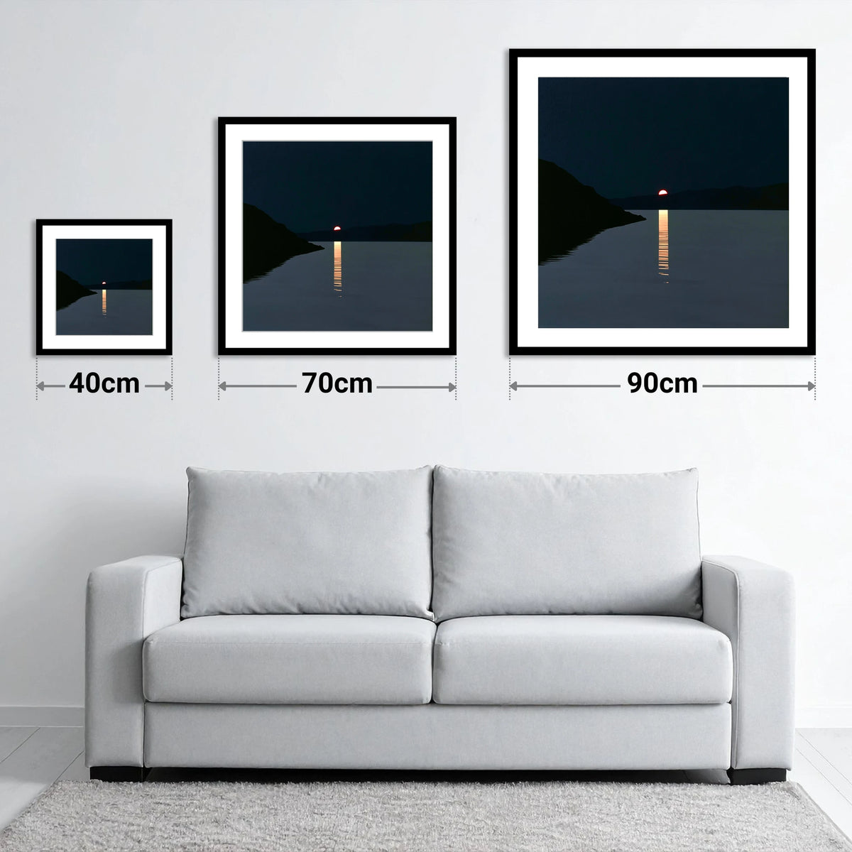 Crimson Sun Over The Lake - size guide showing 40cm, 70cm and 90cm art prints