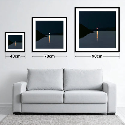 Crimson Sun Over The Lake - size guide showing 40cm, 70cm and 90cm art prints