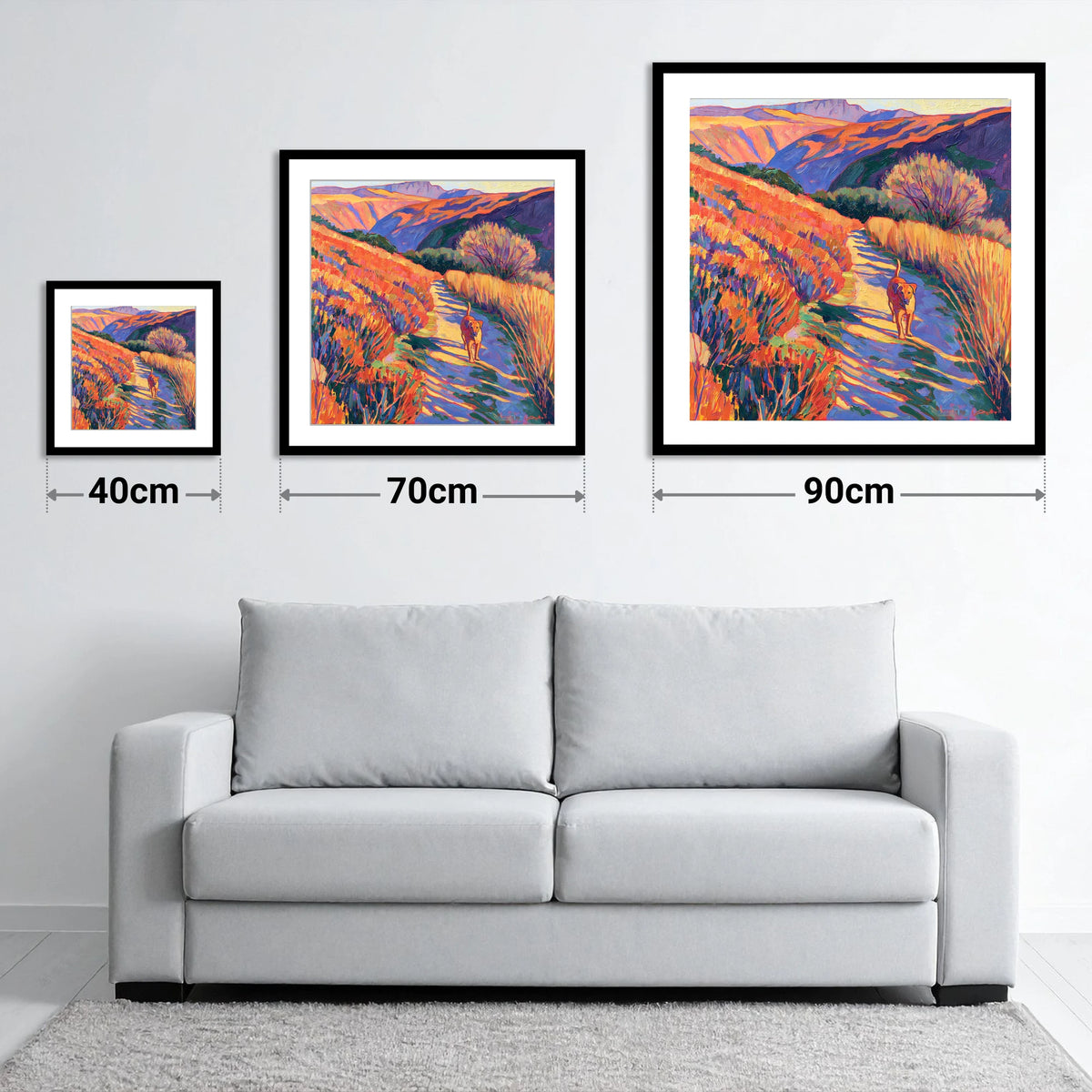 Sunlit Dog Path Near Patterdale - size guide showing 40cm, 70cm and 90cm art prints