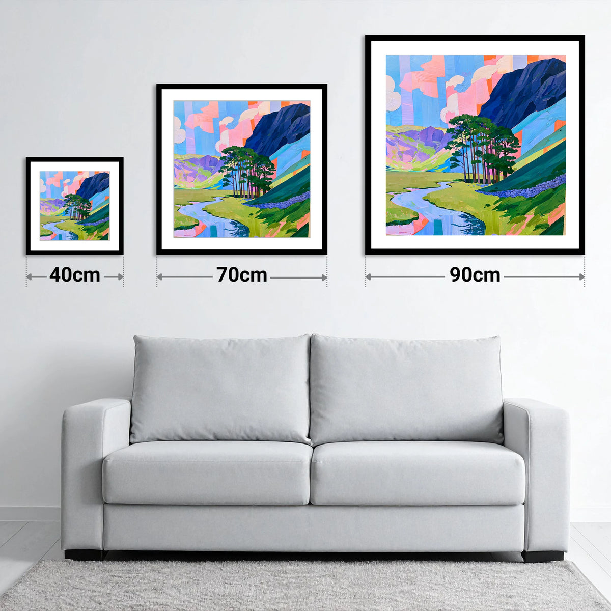 Vibrant Pines Below Haystacks - size guide showing 40cm, 70cm and 90cm art prints