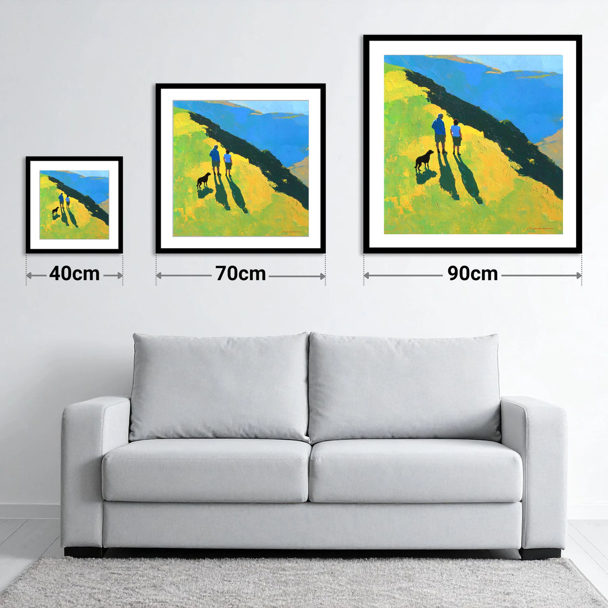Sunlit Dog Walkers on Blencathra - size guide showing 40cm, 70cm and 90cm art prints