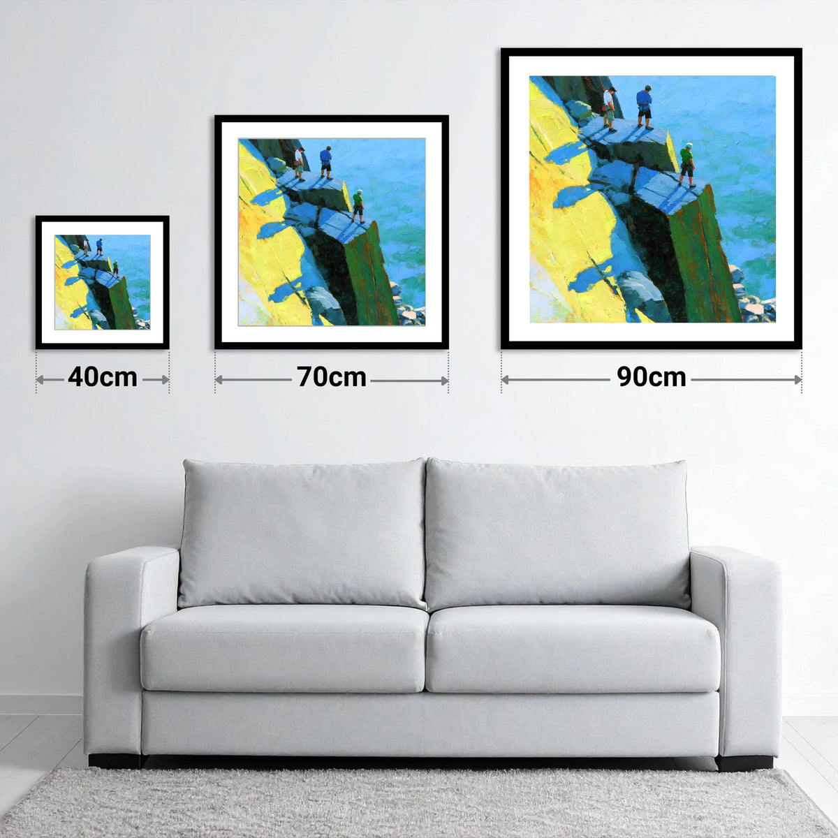 High Crag Climbers in Bright Sun - size guide showing 40cm, 70cm and 90cm art prints