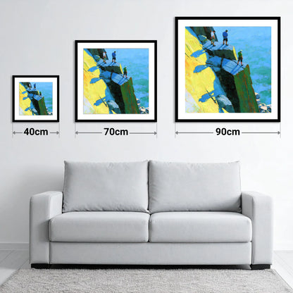 High Crag Climbers in Bright Sun - size guide showing 40cm, 70cm and 90cm art prints