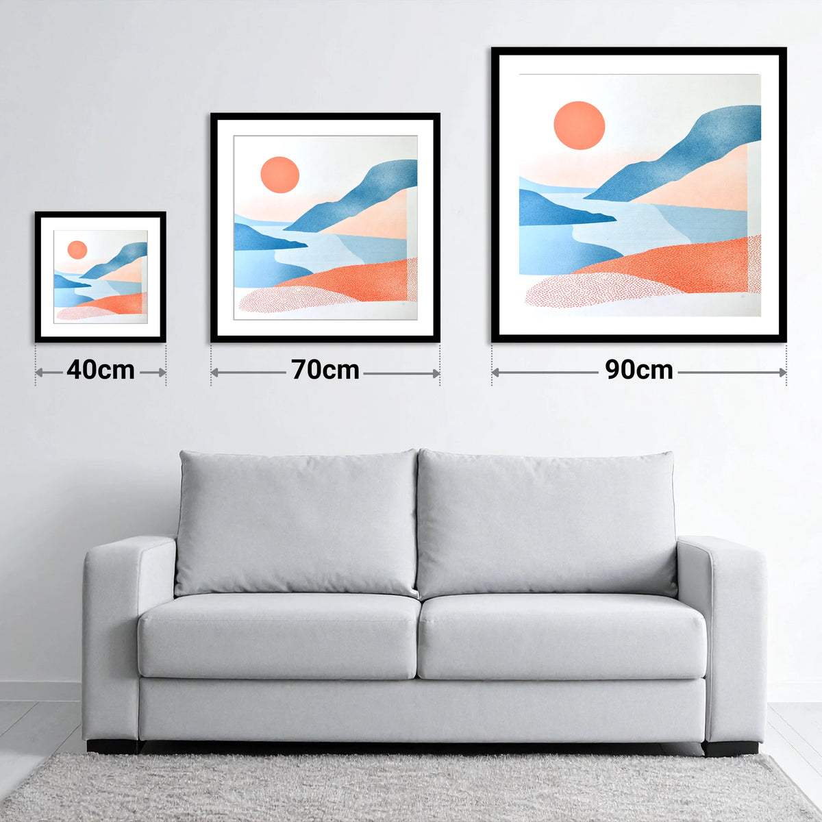 Ennerdale Valley in Coral and Blue - size guide showing 40cm, 70cm and 90cm art prints