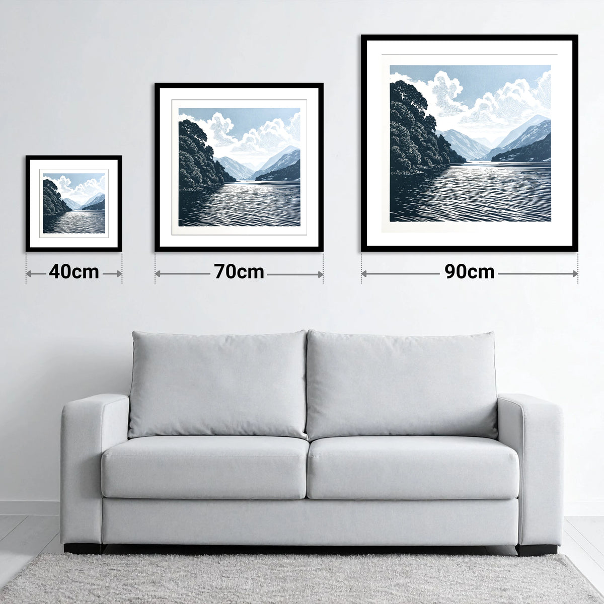 Deep Blue Coniston Water Fells - size guide showing 40cm, 70cm and 90cm art prints