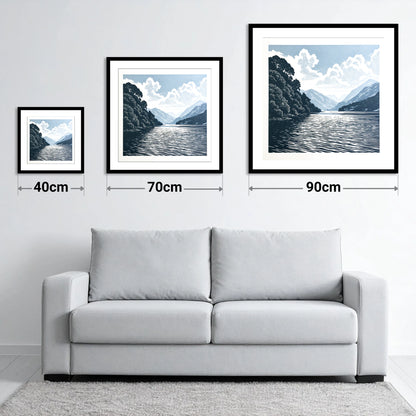 Deep Blue Coniston Water Fells - size guide showing 40cm, 70cm and 90cm art prints