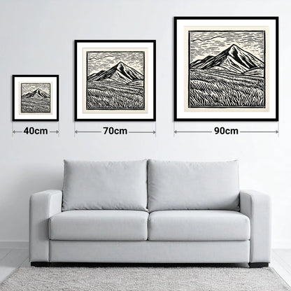 Bold Skiddaw in Monochrome - size guide showing 40cm, 70cm and 90cm art prints
