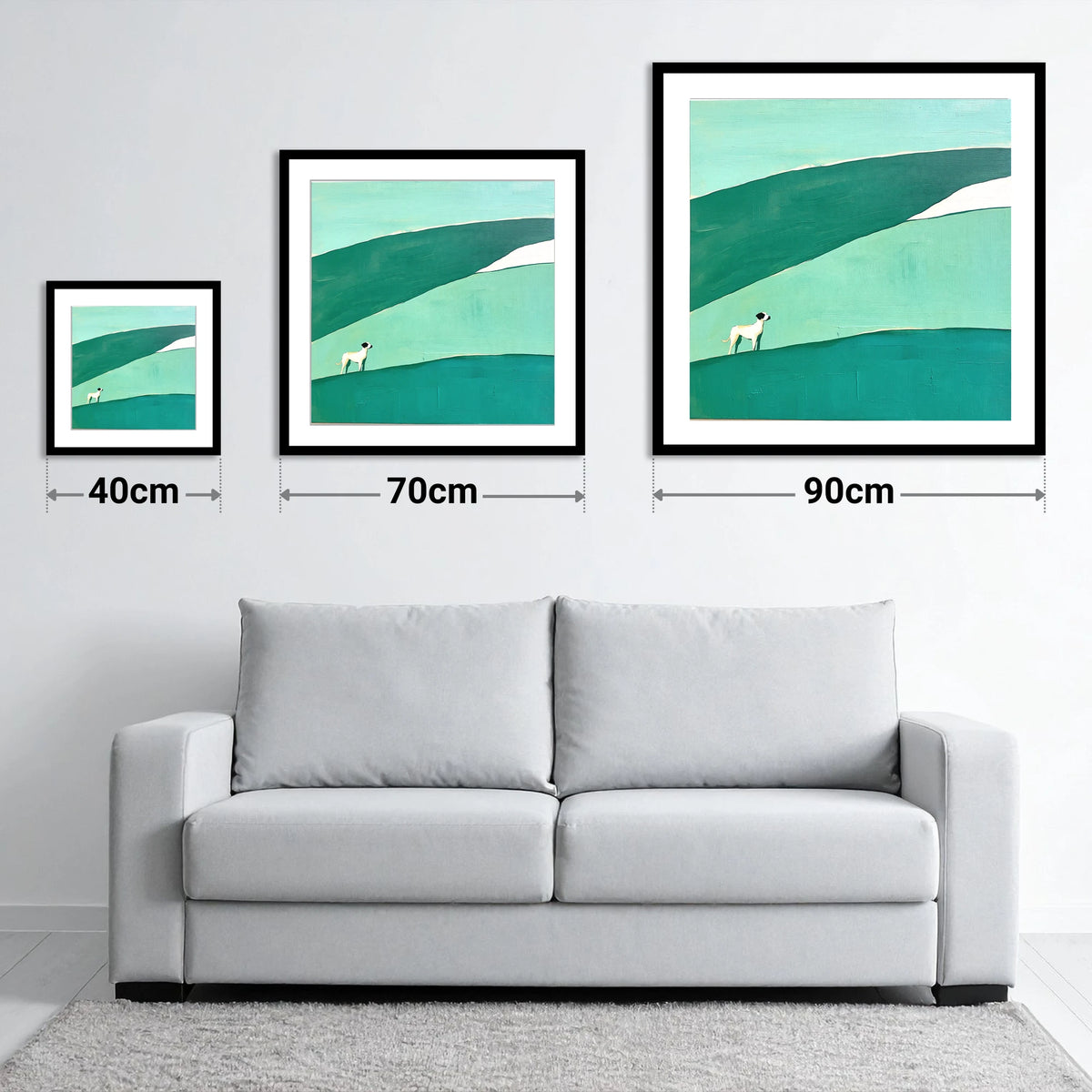 Minimalist Dog on Latrigg Summit - size guide showing 40cm, 70cm and 90cm art prints