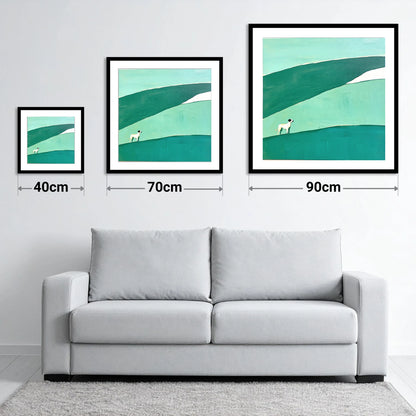 Minimalist Dog on Latrigg Summit - size guide showing 40cm, 70cm and 90cm art prints