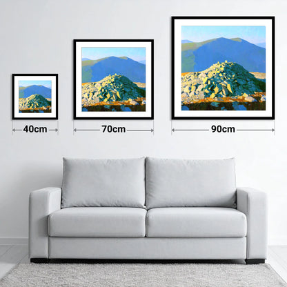 Sunlit Haycock Summit Cairn - size guide showing 40cm, 70cm and 90cm art prints