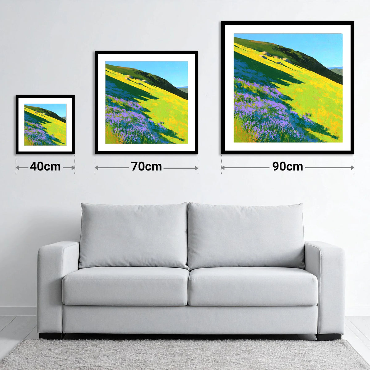 Purple Heather and Fellside Shadows - size guide showing 40cm, 70cm and 90cm art prints