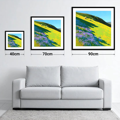 Purple Heather and Fellside Shadows - size guide showing 40cm, 70cm and 90cm art prints