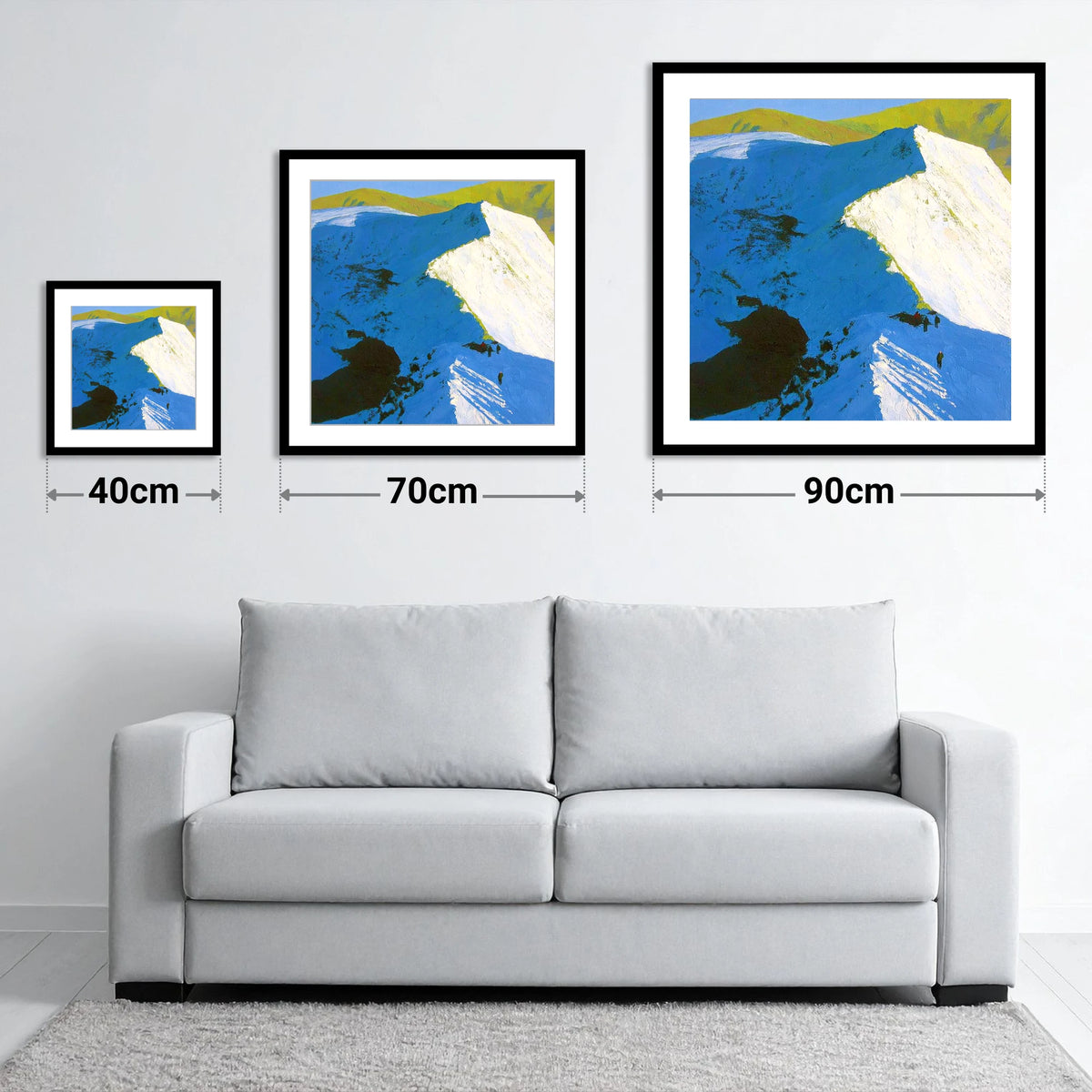 Striding Edge in Winter Snow - size guide showing 40cm, 70cm and 90cm art prints