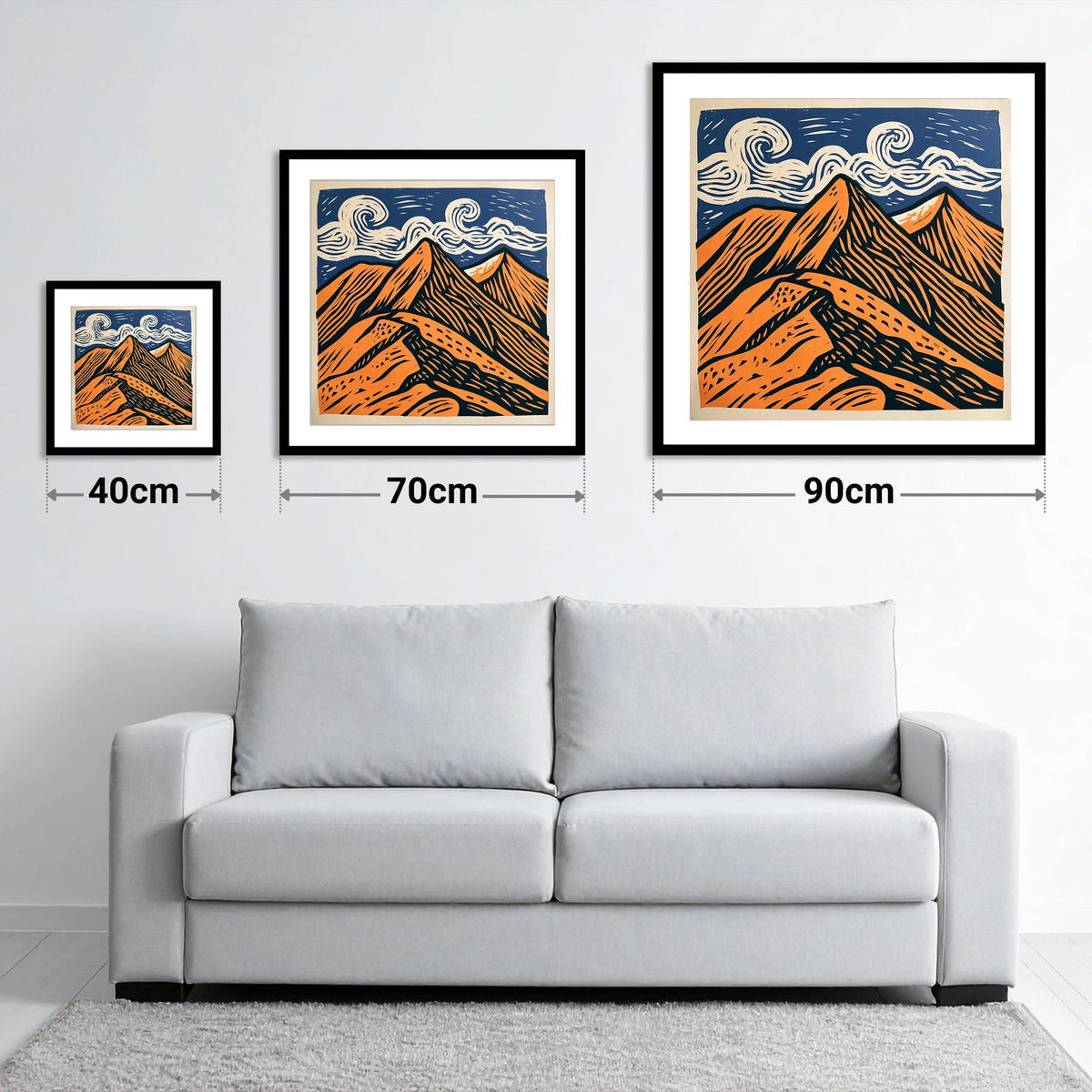 Striking Helvellyn Peaks in Terracotta - size guide showing 40cm, 70cm and 90cm art prints
