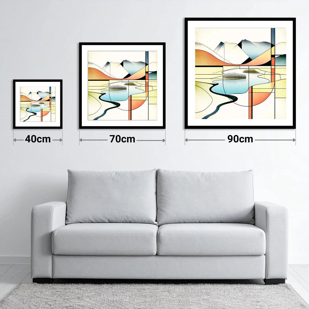 Abstract Geometric Elter Water - size guide showing 40cm, 70cm and 90cm art prints