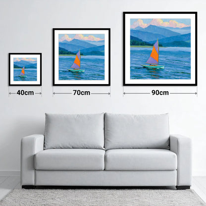Vibrant Lake District Sailing - size guide showing 40cm, 70cm and 90cm art prints