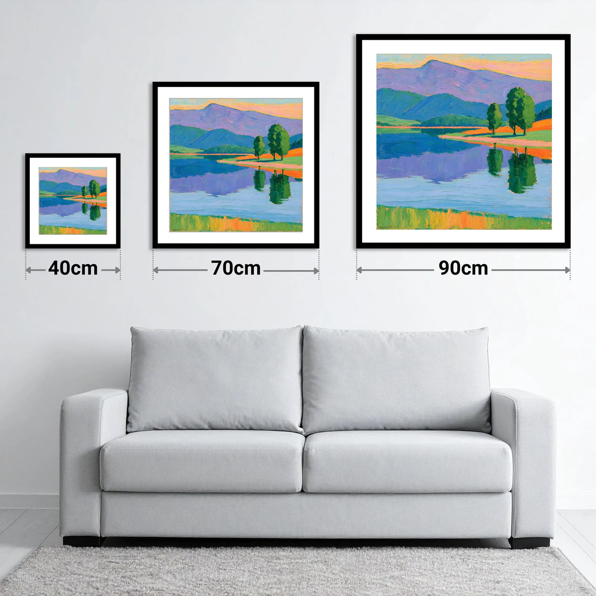 Calm Lake Under Violet Fells - size guide showing 40cm, 70cm and 90cm art prints