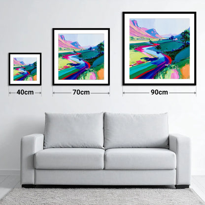 Vivid Winding River Through Fells - size guide showing 40cm, 70cm and 90cm art prints