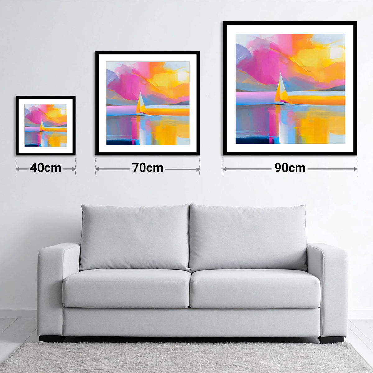 Vibrant Sailboat on the Lake - size guide showing 40cm, 70cm and 90cm art prints