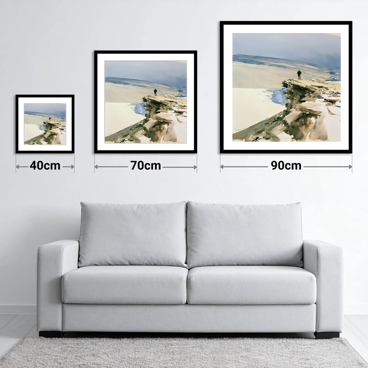 Lone Hiker on Fell Edge - size guide showing 40cm, 70cm and 90cm art prints