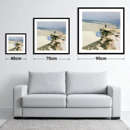 Lone Hiker on Fell Edge - size guide showing 40cm, 70cm and 90cm art prints