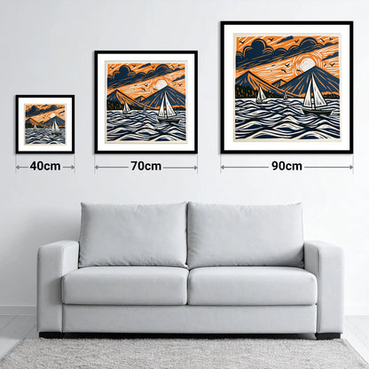 Sunset Sailboats on Derwentwater - size guide showing 40cm, 70cm and 90cm art prints