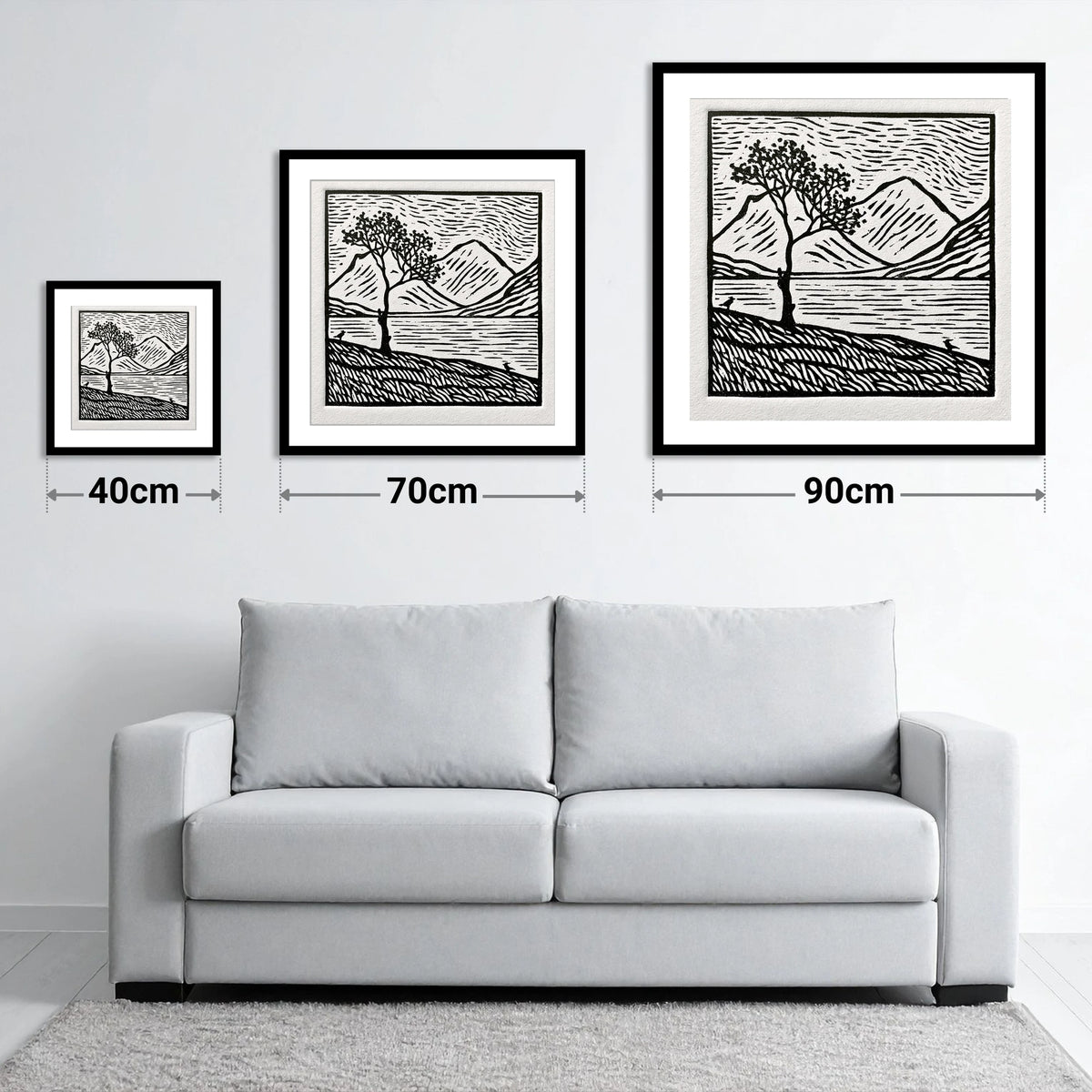 Monochrome Buttermere and Lone Tree - size guide showing 40cm, 70cm and 90cm art prints