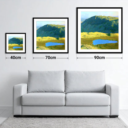 Vibrant Tarn Below Rosthwaite Fell - size guide showing 40cm, 70cm and 90cm art prints