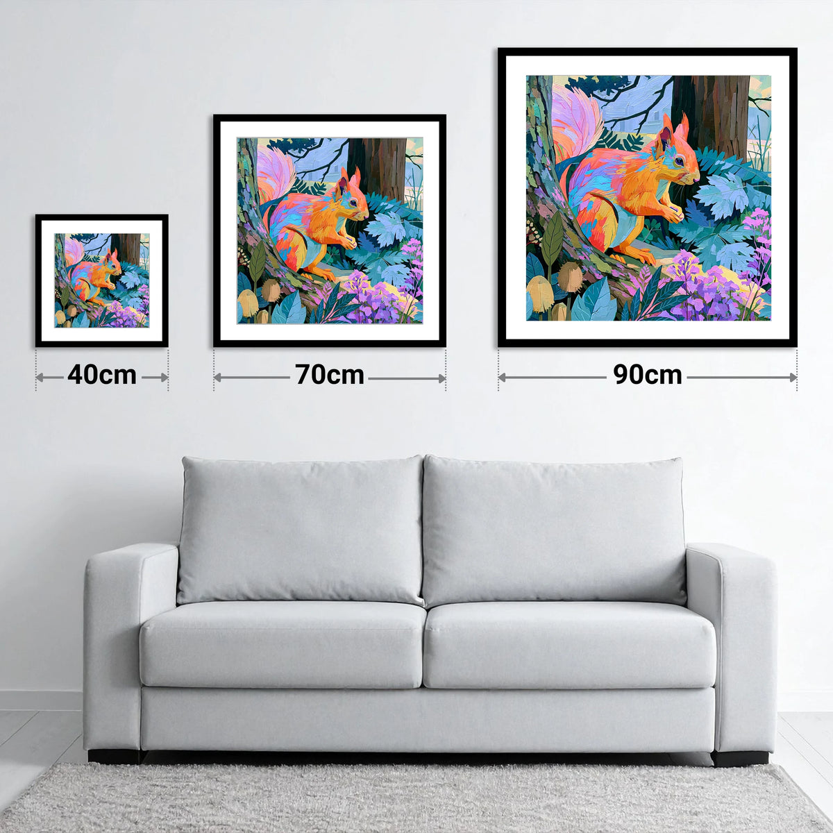 Vibrant Woodland Red Squirrel - size guide showing 40cm, 70cm and 90cm art prints