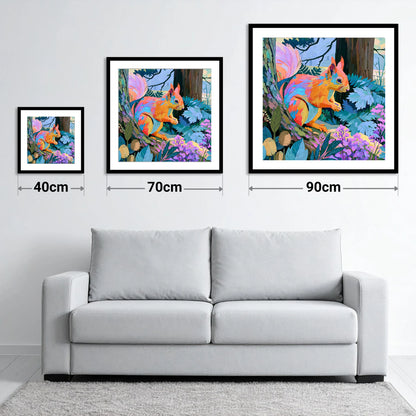 Vibrant Woodland Red Squirrel - size guide showing 40cm, 70cm and 90cm art prints
