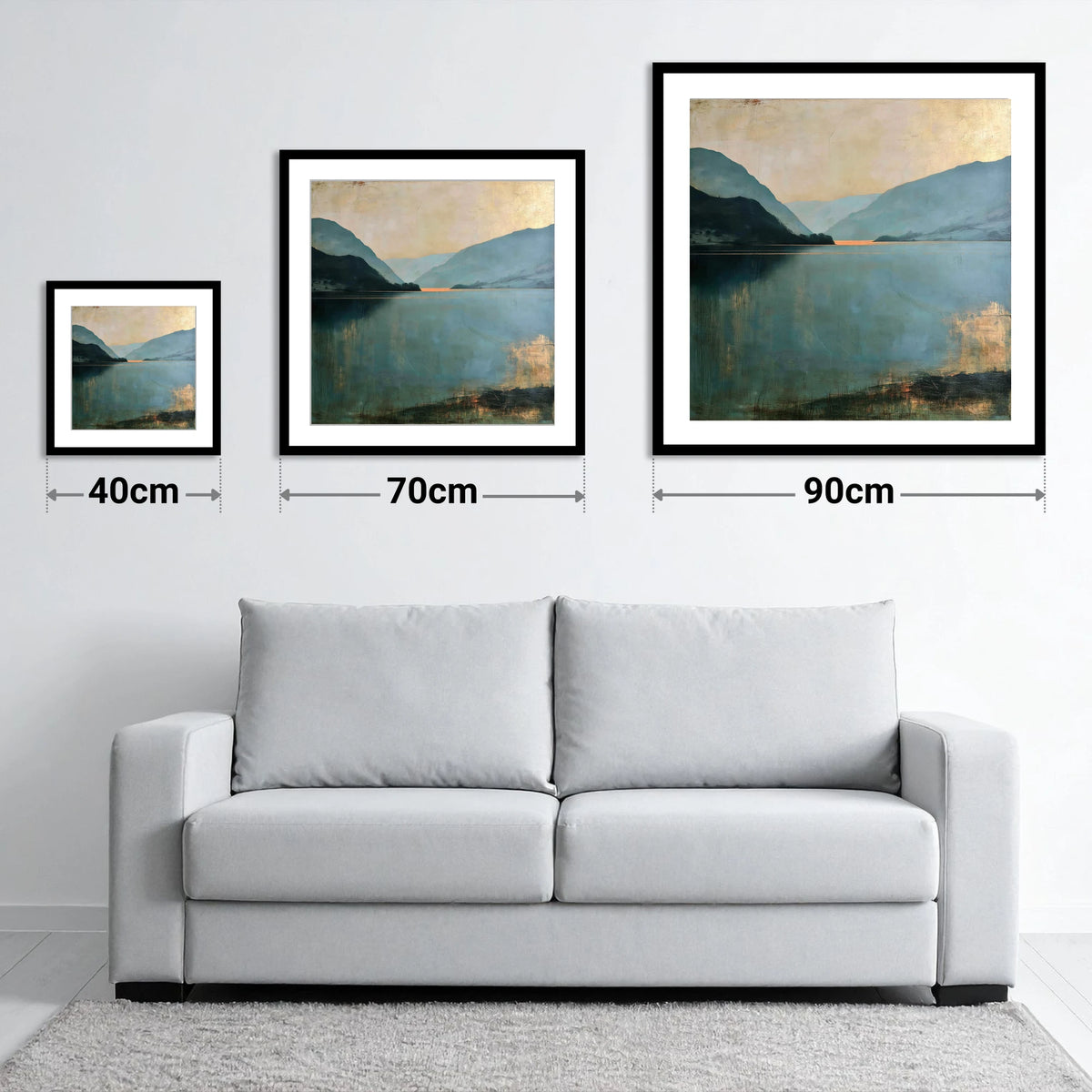 Ullswater Fells in Teal and Gold - size guide showing 40cm, 70cm and 90cm art prints