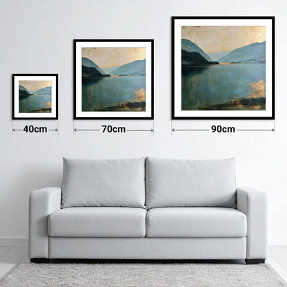Ullswater Fells in Teal and Gold - size guide showing 40cm, 70cm and 90cm art prints