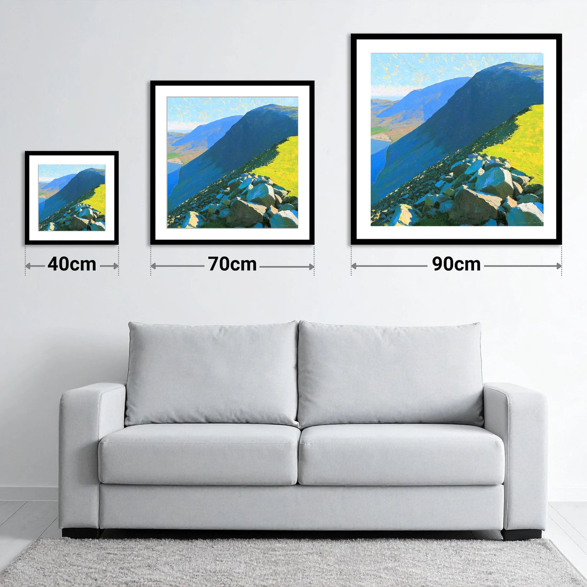 Middle Fell Ridge and Sunlit Boulders - size guide showing 40cm, 70cm and 90cm art prints