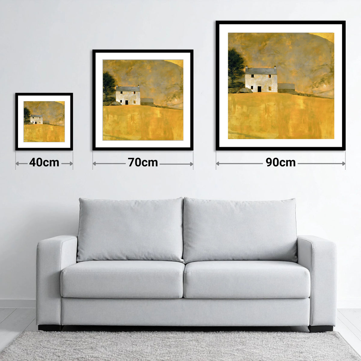 Stone Cottage in Golden Ochre - size guide showing 40cm, 70cm and 90cm art prints