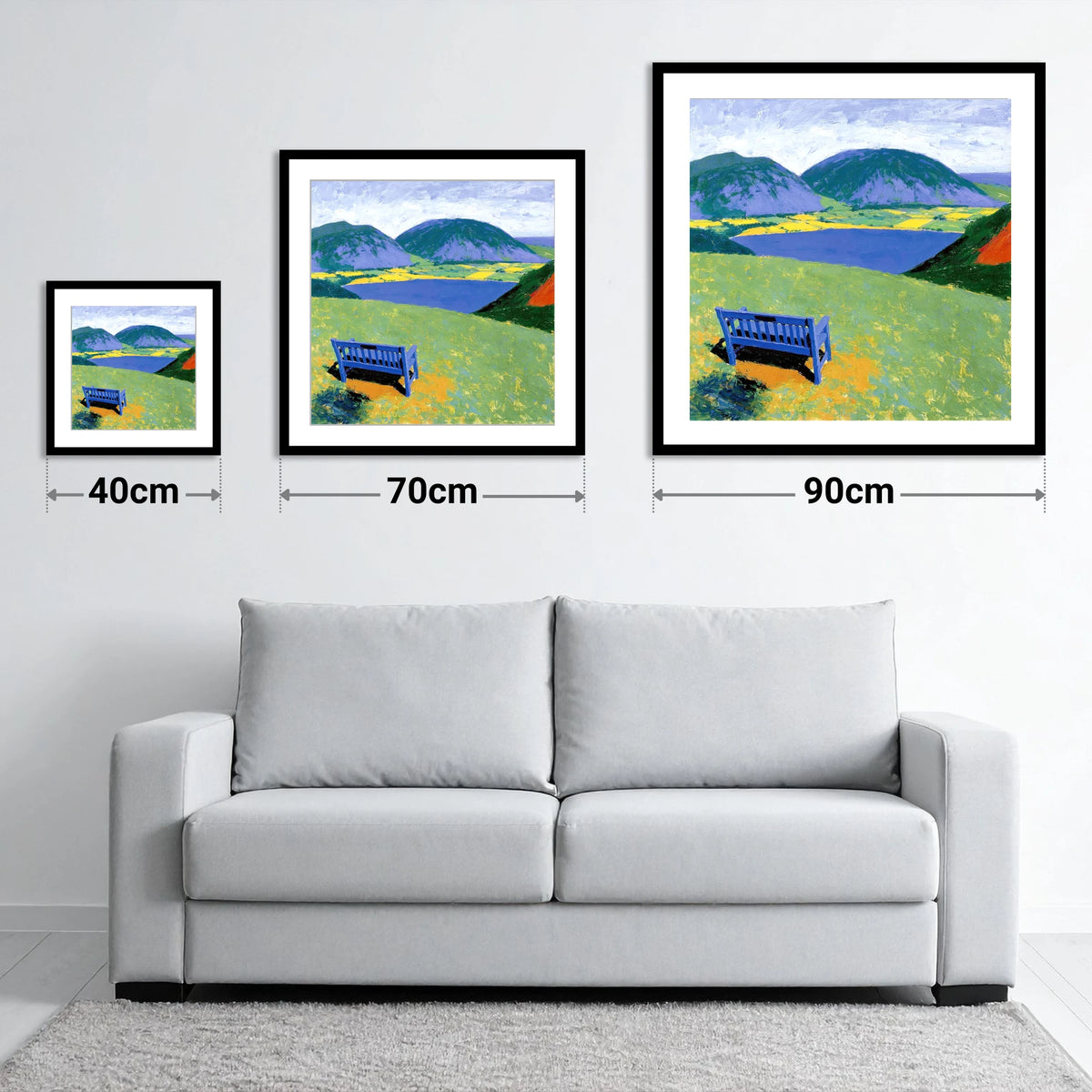 Blue Bench Above Loweswater - size guide showing 40cm, 70cm and 90cm art prints