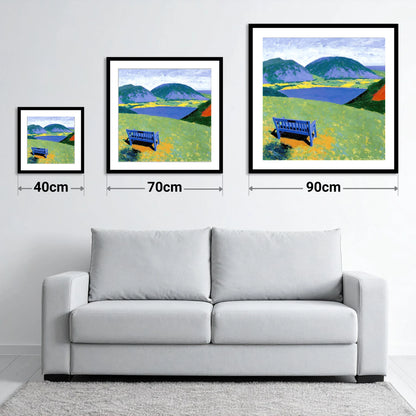 Blue Bench Above Loweswater - size guide showing 40cm, 70cm and 90cm art prints