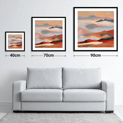 Rolling Terracotta Fells Under Cloud - size guide showing 40cm, 70cm and 90cm art prints