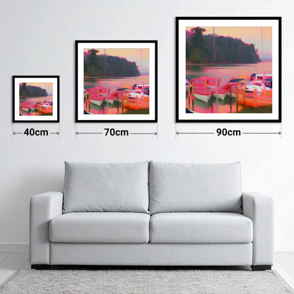Neon Sunset Over Windermere Boats - size guide showing 40cm, 70cm and 90cm art prints