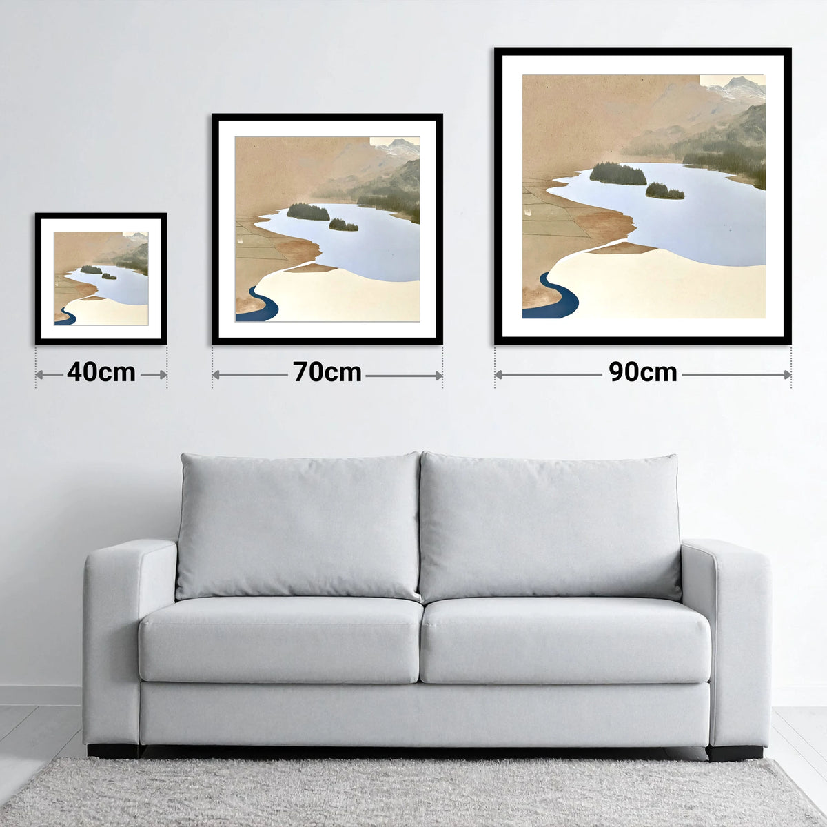 Aerial View over Elterwater - size guide showing 40cm, 70cm and 90cm art prints