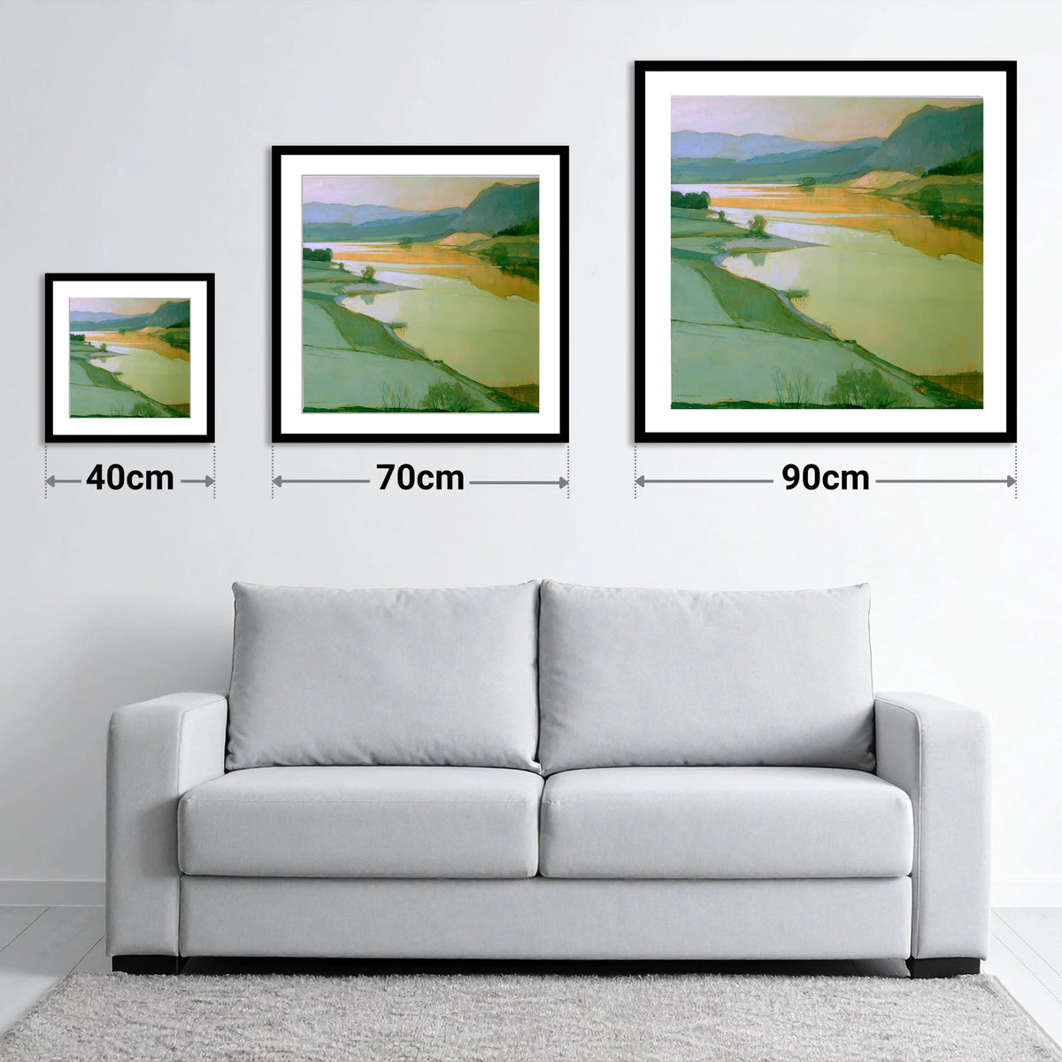 Sage Pastures by the Lake - size guide showing 40cm, 70cm and 90cm art prints