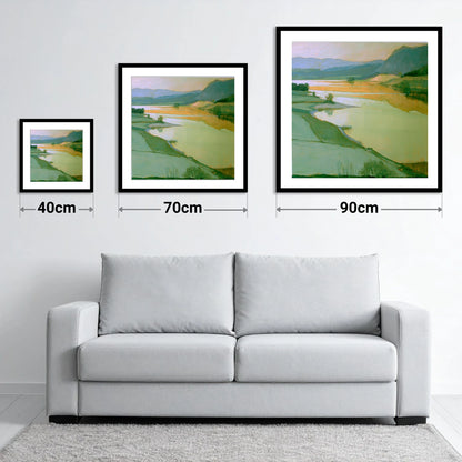 Sage Pastures by the Lake - size guide showing 40cm, 70cm and 90cm art prints