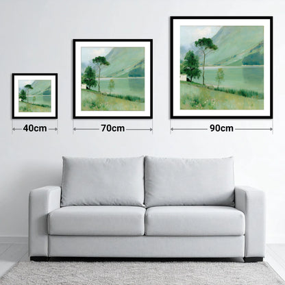 Buttermere in Soft Sage Green - size guide showing 40cm, 70cm and 90cm art prints