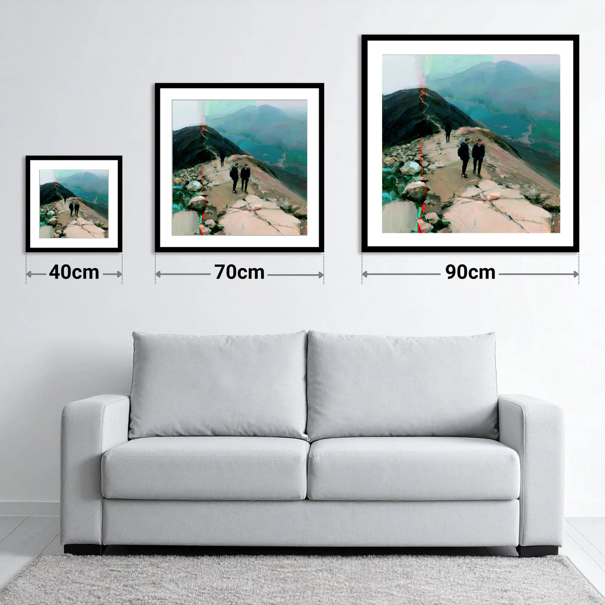 Mountain Hikers on Misty Ridge - size guide showing 40cm, 70cm and 90cm art prints