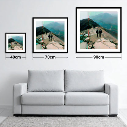 Mountain Hikers on Misty Ridge - size guide showing 40cm, 70cm and 90cm art prints