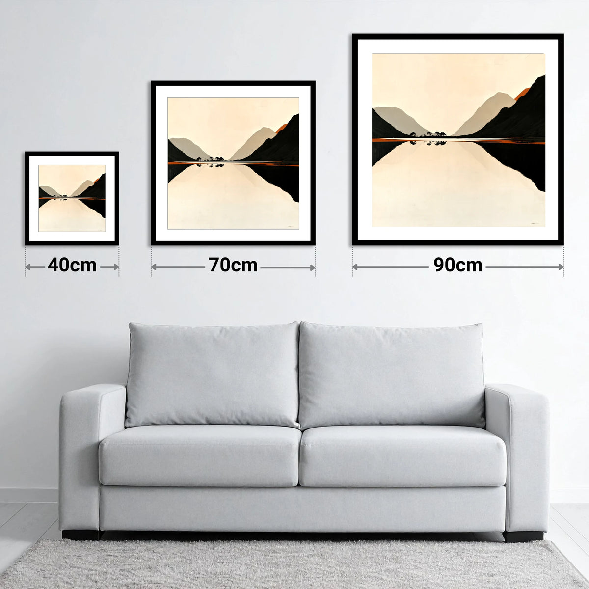 Minimalist Dawn Lake Silhouette - size guide showing 40cm, 70cm and 90cm art prints