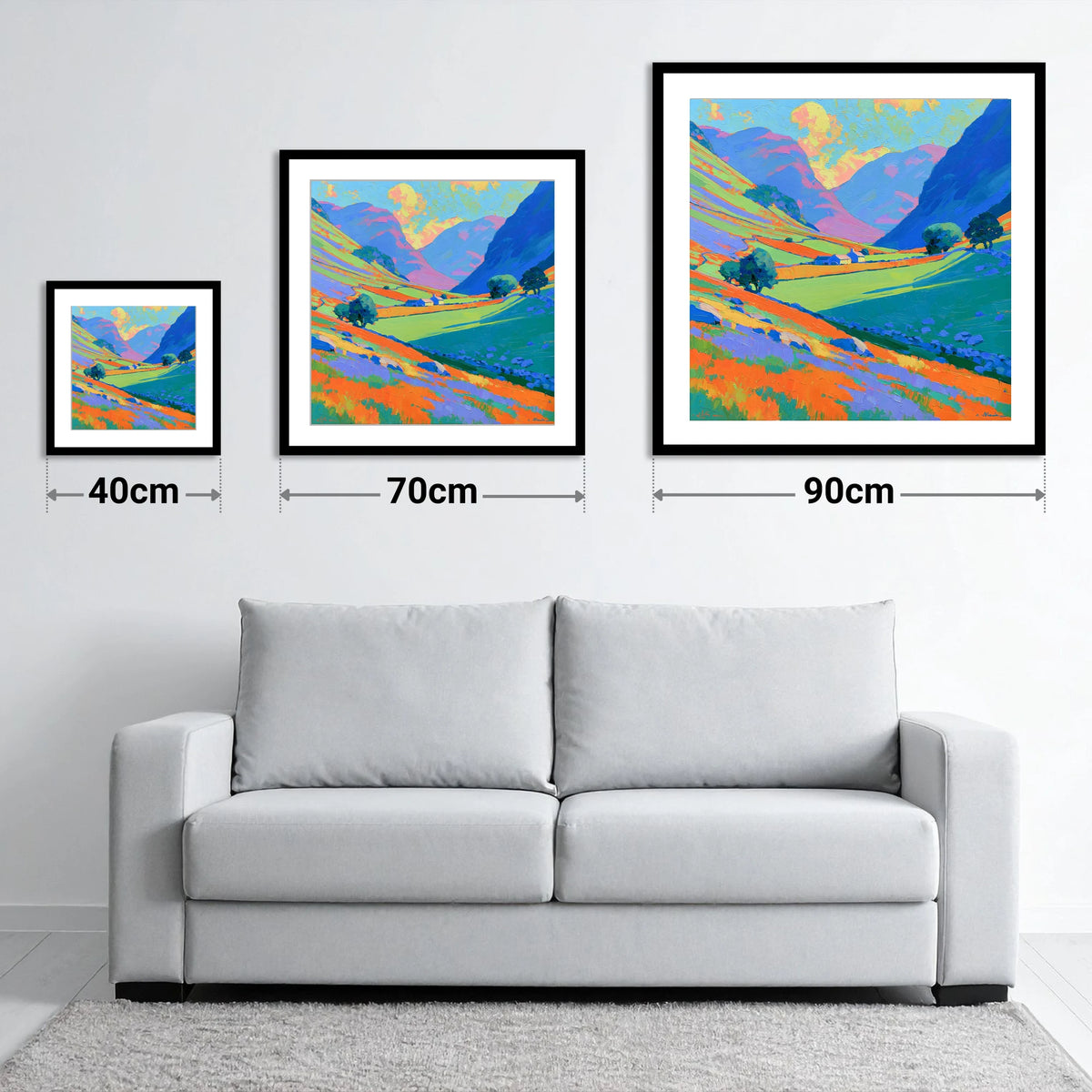 Valley Farm Beneath Bright Fells - size guide showing 40cm, 70cm and 90cm art prints